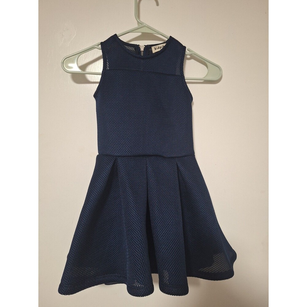 Kidpik Girls Dress XS 5/6 Navy Blue Mesh Overlay Pleated Skater Sleeveless